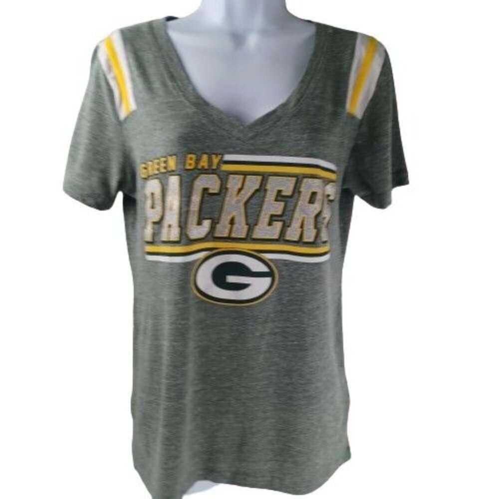 NFL Team Green Bay Packers Tee V-Neck Short Sleeve T-Shirt WM's Size M Soft Gray